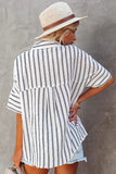 Standard Turnover Collar Short Sleeve Striped Shirt With Pocket
