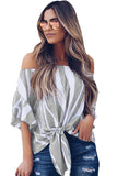 Women's Striped Print Front Knot Blouse Off Shoulder Bell Sleeve Loose Fit Top
