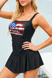 LC443019-2-S, LC443019-2-M, LC443019-2-L, LC443019-2-XL, LC443019-2-2XL, Black American Flag Graphic Print Ruched Sleeveless One-piece Swimsuit