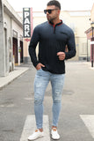 MC252420-2-S, MC252420-2-M, MC252420-2-L, MC252420-2-XL, MC252420-2-2XL, Black Men Slim Fit Long Sleeve Casual Comfortable Personality Lapel T-shirt