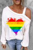 Beige Rainbow Heart Print One Shoulder Long Sleeve Top