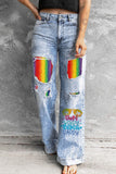 Sky Blue Pride Month Rainbow Print Ripped Wide Leg Denim Pants