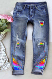 Sky Blue Rainbow High Waist Ripped Skinny Jeans for Women