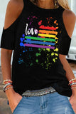 Black Rainbow Striped Cutout Cold Shoulder T Shirt