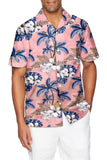 MC255546-10-S, MC255546-10-M, MC255546-10-L, MC255546-10-XL, MC255546-10-2XL, Pink Hibiscus Print Hawaiian Short Sleeve Men's Shirt