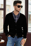 MC253824-2-S, MC253824-2-M, MC253824-2-L, MC253824-2-XL, MC253824-2-2XL, Black Mens V Neck Rib Knit Button Down Cardigan