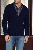 MC253824-5-S, MC253824-5-M, MC253824-5-L, MC253824-5-XL, MC253824-5-2XL, Blue Mens V Neck Rib Knit Button Down Cardigan