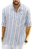 Men's Stripes Linen Shirt Stand Collard Slim Fit Henley Shirt