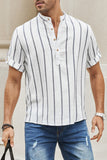 Men's Stand Collar Half Button Striped Shirt Short Roll Tab Sleeve Henley Shirt