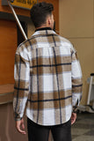 MC851491-17-S, MC851491-17-M, MC851491-17-L, MC851491-17-XL, MC851491-17-2XL, Brown Plaid Print Long Sleeve Men's Shirt Jacket