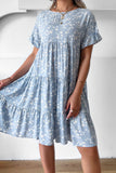 Sky Blue Small Floral Print Ruffle Short Sleeve Mini Dress