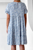 Sky Blue Small Floral Print Ruffle Short Sleeve Mini Dress