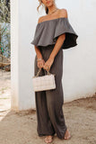 Solid Ruffle Off Shoulder Wide Leg Jumpsuit with Pockets