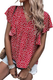 Red Women's Boho Floral Print Ruffle Sleeve Shirt