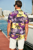 MC255626-8-S, MC255626-8-M, MC255626-8-L, MC255626-8-XL, MC255626-8-2XL, Purple Floral Scenery Pattern Print Buttons Short Sleeve Men's Shirt