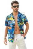 MC255626-5-S, MC255626-5-M, MC255626-5-L, MC255626-5-XL, MC255626-5-2XL, Blue Floral Scenery Pattern Print Buttons Short Sleeve Men's Shirt
