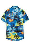MC255626-5-S, MC255626-5-M, MC255626-5-L, MC255626-5-XL, MC255626-5-2XL, Blue Floral Scenery Pattern Print Buttons Short Sleeve Men's Shirt