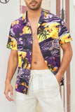 MC255626-8-S, MC255626-8-M, MC255626-8-L, MC255626-8-XL, MC255626-8-2XL, Purple Floral Scenery Pattern Print Buttons Short Sleeve Men's Shirt
