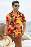 MC255626-14-S, MC255626-14-M, MC255626-14-L, MC255626-14-XL, MC255626-14-2XL, Orange Floral Scenery Pattern Print Buttons Short Sleeve Men's Shirt