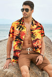 MC255626-14-S, MC255626-14-M, MC255626-14-L, MC255626-14-XL, MC255626-14-2XL, Orange Floral Scenery Pattern Print Buttons Short Sleeve Men's Shirt