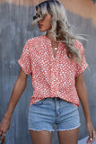 Prink Pleated Small Floral Notched V-neck Short Sleeve Fashion Blouse