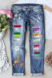 Skyblue Let's Fiesta Gradient Stripes Print High Waist Tattered Jeans