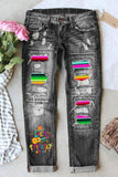 Let's Fiesta Gradient Stripes Print High Waist Tattered Jeans