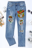 Skyblue Festival Graphic Print Light Wash Distressed Straight Leg Jeans