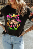 Let's Fiesta Holiday Print Embroidered Sleeve T Shirt