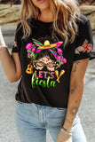 Black Let's Fiesta Holiday Print Embroidered Sleeve T Shirt