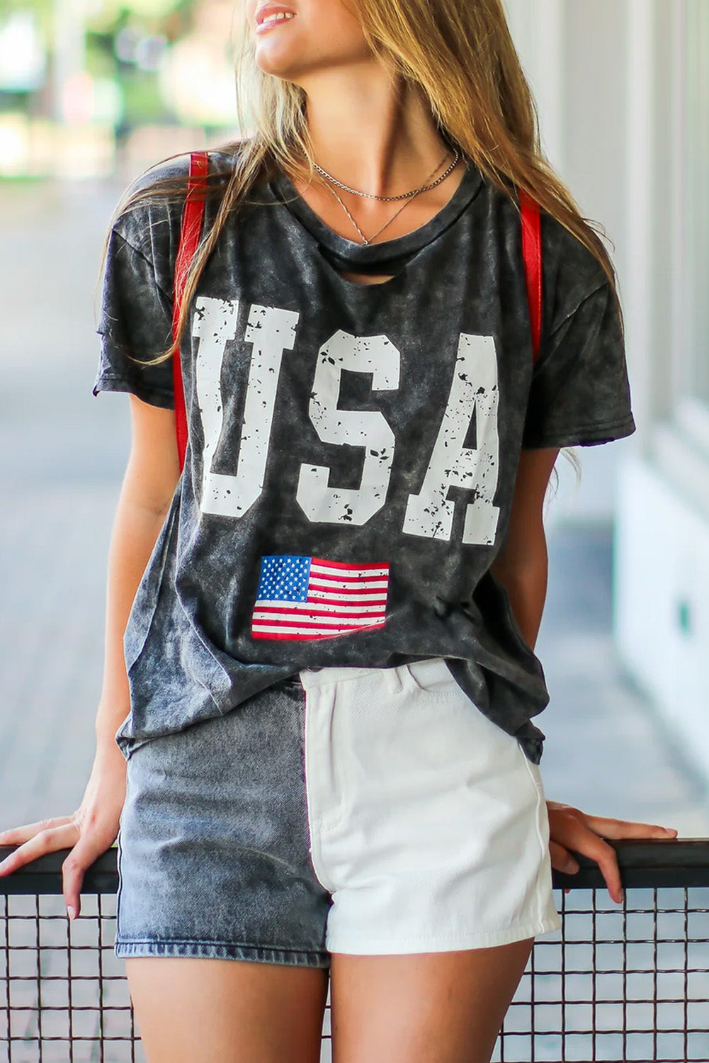 LC25220177-2-S, LC25220177-2-M, LC25220177-2-L, LC25220177-2-XL, Black Distressed Tie-dye USA Flag Print T-shirt