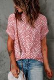 Prink Pleated Small Floral Notched V-neck Short Sleeve Fashion Blouse