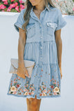 Skyblue Peony Graphic Print Button Up Pocketed Denim Shirt Dress