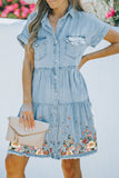 Skyblue Peony Graphic Print Button Up Pocketed Denim Shirt Dress