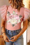 Pink Bouquet Graphic Print Ribbed Knit Mesh Sleeve Top