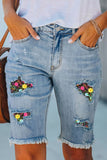 Sky Blue Floral Embroidery Light Wash Distressed Burmuda Shorts