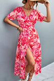 Rose Leaf Print V-neck Wrap Maxi Dress with Slit