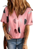 Pink Feather Print Lapel Collar Summer Shirt for Women