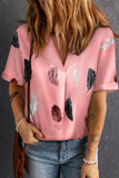 Pink Feather Print Lapel Collar Summer Shirt for Women