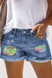 Sky Blue Leopard Patchwork Ripped Light Wash Jean Shorts