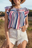 Striped Lace-up Ruffle Sleeve Summer Top