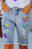 Multicolor Striped Print Raw Hem Denim Bermuda Shorts