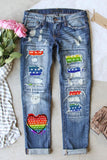 Sky Blue Retro Stars Stripes Print Patchwork Worn Out Jeans