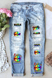 Sky Blue Women's Rainbow Lips Print Ripped Four Pocket Jeans