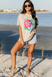 Khaki Beach Bum Flower Print Drop Shoulder Loose Graphic T Shirt