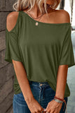 LC25221344-9-S, LC25221344-9-M, LC25221344-9-L, LC25221344-9-XL, Green Solid Asymmetrical Neck Loose Casual T-Shirt