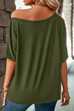 LC25221344-9-S, LC25221344-9-M, LC25221344-9-L, LC25221344-9-XL, Green Solid Asymmetrical Neck Loose Casual T-Shirt