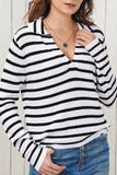 LC2723046-19-S, LC2723046-19-M, LC2723046-19-L, LC2723046-19-XL, Stripe Collared V Neck Lightweight Knit Casual Sweater