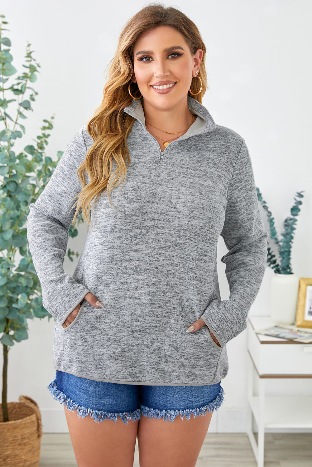 Heathered Turn-down Zip Collar Plus Size Sweatshirt