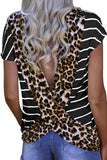 Stripe Brown Leopard Printed Open Back Short Sleeve T Shirt